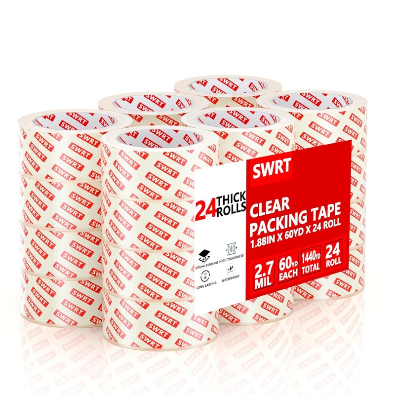SWRT 2.7Mil Thick Ultra Clear Packing Tape, 24 Rolls Heavy Duty Packaging Tape for Shipping Packaging Moving Mailing, Thicker Sealing Tape-1.88" x 60 Yards Per Roll, 1440 Total Yards - Image 1